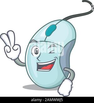 Smiley mascot of computer mouse cartoon Character with two fingers Stock Vector