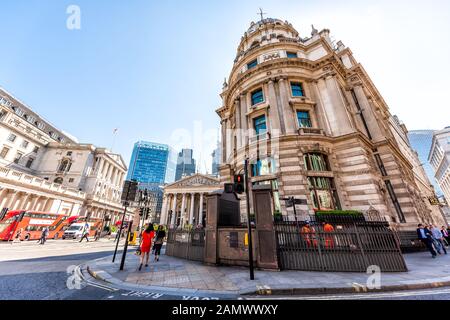 London, UK - June 26, 2018: Center of downtown financial district city near Bank station wide angle view with old architecture in business district Stock Photo