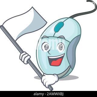 Funny computer mouse cartoon character style holding a standing flag Stock Vector