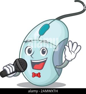 Happy computer mouse singing on a microphone Stock Vector