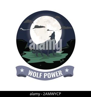 Wolf howling on the mountain with full moon background. Round clipped symbol with ribbon. Flat Vector illustration. Stock Vector