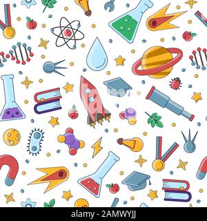Science flat seamless pattern with scientific elements - molecule, atom structure, rocket, books, water and other on one simple educational and school Stock Vector