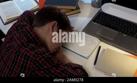 Schoolboy fallen asleep while doing homework, sleeping on desk, tiredness Stock Photo
