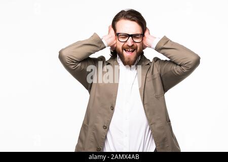 Isolated studio shot of a businessman in the Hear No Evil pose. Stock Photo