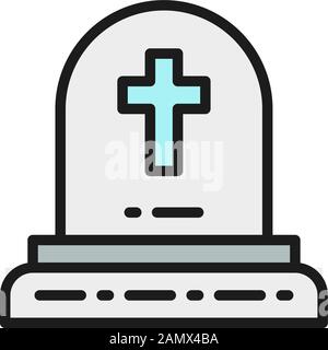 Tombstone with christian cross, grave, gravestones flat color line icon. Stock Vector