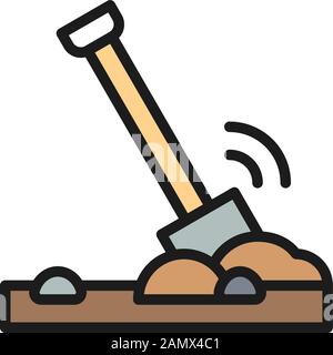 Shovel in the ground, soil flat color line icon. Stock Vector