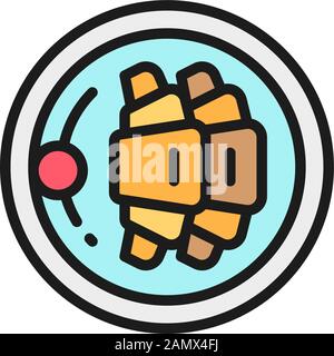 Croissants on plate, french breakfast flat color line icon. Stock Vector