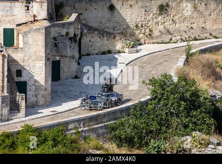 Matera, Italy - September 15, 2019: Bond 25, Aston Martin DB5 while filming chase scenes through the narrow streets of the movie 'No Time to Die' in S Stock Photo