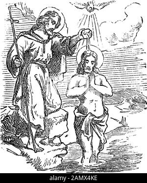 Vintage drawing or engraving of biblical story of John the Baptist baptizing Jesus in Jordan river. Bible, New Testament,Matthew 3. Biblische Geschichte , Germany 1859. Stock Vector