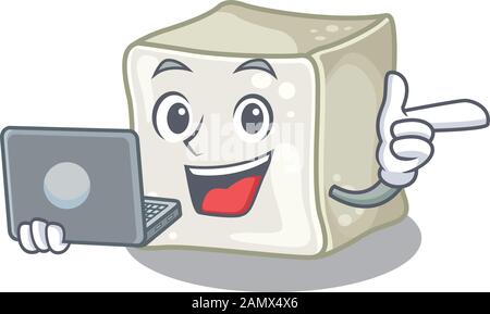 Smart character of sugar cube working with laptop Stock Vector