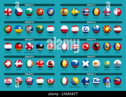 European soccer tournament qualifying draw 2020 . Group of international teams . 3D Football with country flag pattern . Blue theme background . Vecto Stock Vector