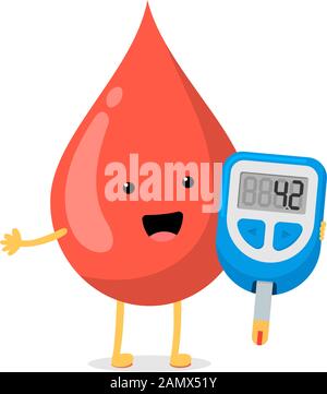 Cute cartoon smiling blood drop character with glucometer. Diabetic glucose measuring device with normal sugar level. Vector flat illustration Stock Vector