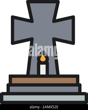 Tombstone with candle, grave, gravestones flat color line icon. Stock Vector