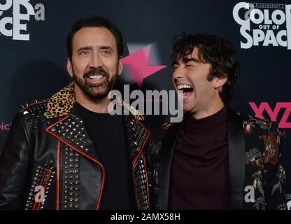 Los Angeles, USA. 14th Jan 2020. Cast member Nicolas Cage and actor Alex Wolff attend the premiere of the sci-fi horror motion picture 'Color Out of Space' at the Vista Theatre in Los Angeles on Tuesday, January 14, 2020. Storyline: A story of cosmic terror about The Gardners, a family who moves to a remote farmstead in rural New England to escape the hustle of the 21st century. They are busy adapting to their new life when a meteorite crashes into their front yard. Stock Photo