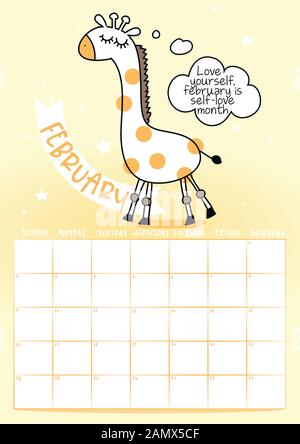 2020 february calendar with calligraphy phrase and Giraffe doodle: create your own sunshine. Desk calendar, planner design, week starts on sunday, sta Stock Vector
