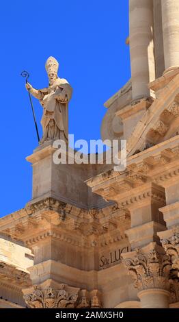 Statue of San Marciano. Cathedral of Syracuse, Ortygia. Duomo di Siracusa, Ortigia. Stock Photo