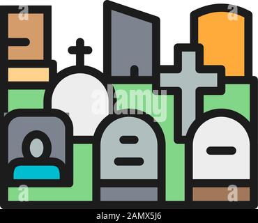 Vector cemetery, tombstones, gravestones, grave flat color line icon. Stock Vector