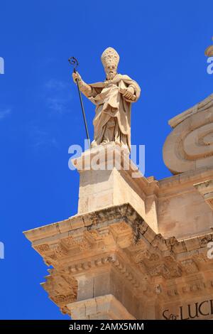 Statue of San Marciano. Cathedral of Syracuse, Ortygia. Duomo di Siracusa, Ortigia. Stock Photo