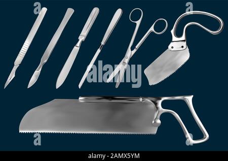 Set of surgical cutting tools. Reusable scalpel, scalpel with removable blade, Liston amputation knife , metacarpal saw, straight scissors, saw sheet Stock Vector