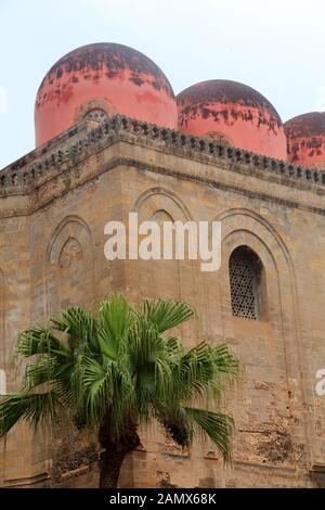 Church of San Cataldo in Palermo. Arab-Norman architecture: Gothic walls with Islamic domes Stock Photo