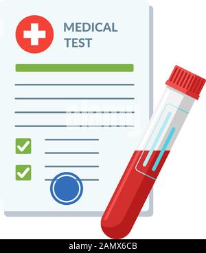 Blood test tube container and medical lab analysis form list with results and approved check mark vector illustration. Clinical exam checklist blank document. Medicine care service concept Stock Vector