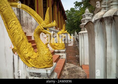 Dragons statues at Haw Phra Kaew, also written as Ho Prakeo, Hor Pha Keo, Vientiane, Laos. Stock Photo