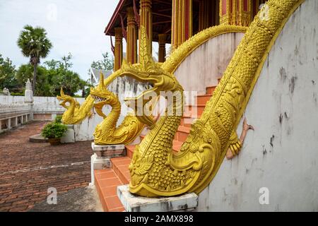 Dragons statues at Haw Phra Kaew, also written as Ho Prakeo, Hor Pha Keo, Vientiane, Laos. Stock Photo