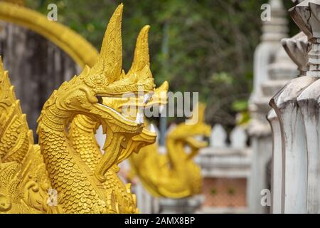 Dragons statues at Haw Phra Kaew, also written as Ho Prakeo, Hor Pha Keo, Vientiane, Laos. Stock Photo