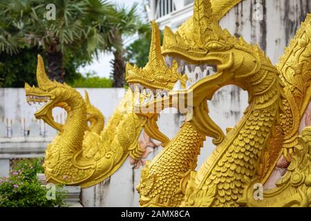 Dragons statues at Haw Phra Kaew, also written as Ho Prakeo, Hor Pha Keo, Vientiane, Laos. Stock Photo