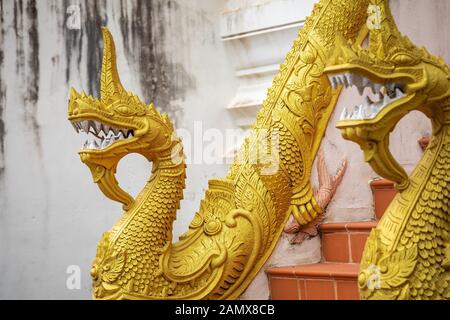 Dragons statues at Haw Phra Kaew, also written as Ho Prakeo, Hor Pha Keo, Vientiane, Laos. Stock Photo