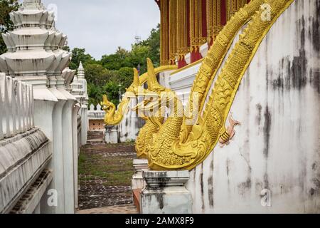 Dragons statues at Haw Phra Kaew, also written as Ho Prakeo, Hor Pha Keo, Vientiane, Laos. Stock Photo