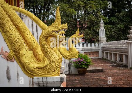 Dragons statues at Haw Phra Kaew, also written as Ho Prakeo, Hor Pha Keo, Vientiane, Laos. Stock Photo