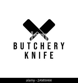 Vintage Retro Butcher shop label logo Ideas. With crossed cleaver, cross knife Inspiration logo design. Template Vector Illustration. Isolated On Whit Stock Vector