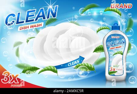 Dish wash soap ads. Realistic dishwashing packaging with detergent gel design and mint leaves. Liquid soap advertisement with clean plates. 3d vector Stock Vector