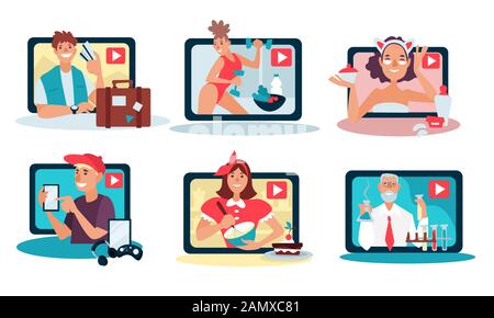 Vlogs and blogs, bloggers isolated icons, video content Stock Vector
