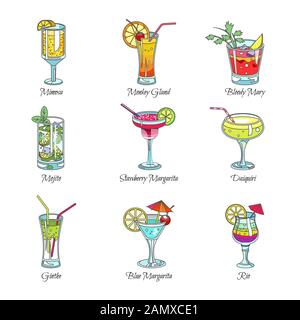 Cocktails collection of alcoholic drinks with straws and fruit slices Stock Vector