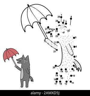 Dot to dot game activity for kids. Connect the points and draw a funny wolf with umbrella Stock Vector