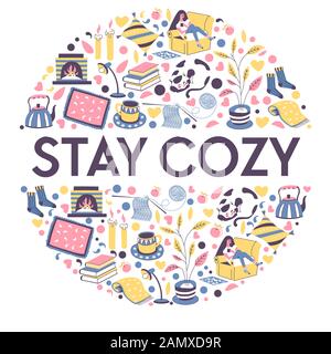 Stay cozy banner with icons for relaxing winter evening indoors Stock Vector