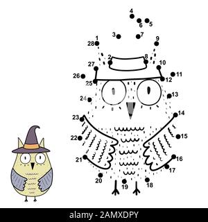 Connect the numbers and draw a funny owl in the witch hat Stock Vector