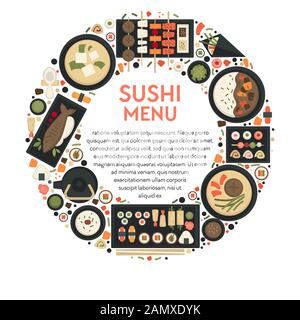 Sushi menu banner with Japanese cuisine icons set in circle Stock Vector