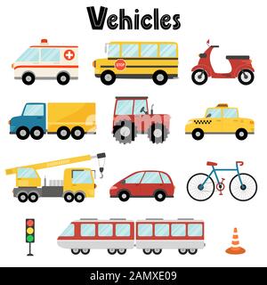 Set of city transport with car, bus, crane, ambulance, tractor, Stock Vector