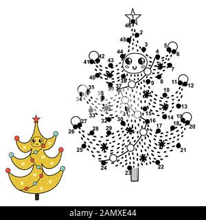 Dot to dot numbers game for kids. Connect digits, draw and color a funny Christmas tree Stock Vector