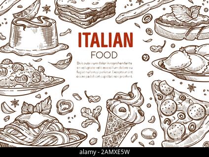 Pasta and pizza, Italian cuisine dishes, Italy restaurant menu Stock Vector