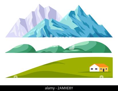 Landscape constructor set with mountains and green field Stock Vector