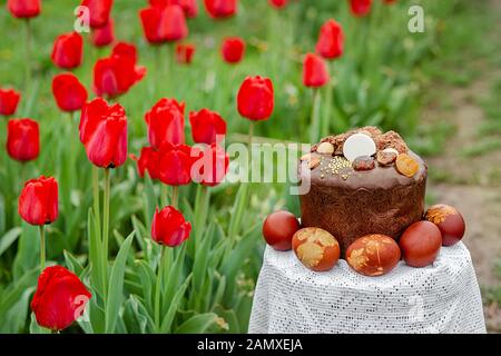 Easter cake on a background of red tulips in the garden. Festive composition on a blurry background of flowers on a clear sunny day. Stock Photo