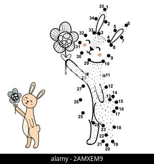 Connect the dots and draw cute rabbit and fox driving a car. Dot to dot ...