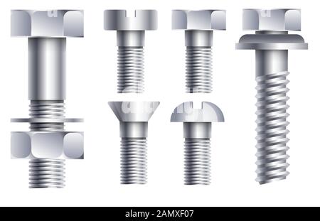 Hex head bolt and nut hardware parts in chrome side view Stock Vector