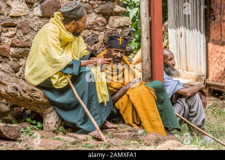 Priests, Kebran Gabriel  monastery is located on an island didn't allow women to visit. Ethiopia Stock Photo