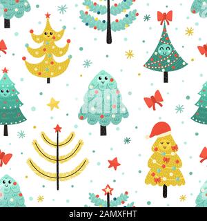 Happy Christmas trees seamless pattern. Funny background Stock Vector