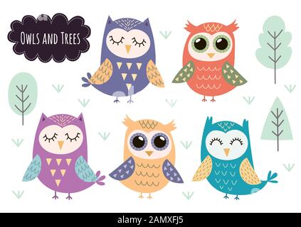 Cute owls collection. Forest animals isolated elements Stock Vector